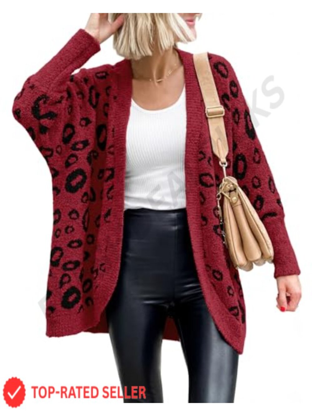 Leopard Print Knit Cardigan Batwing Sleeve Open Front Slouchy Fall Sweater